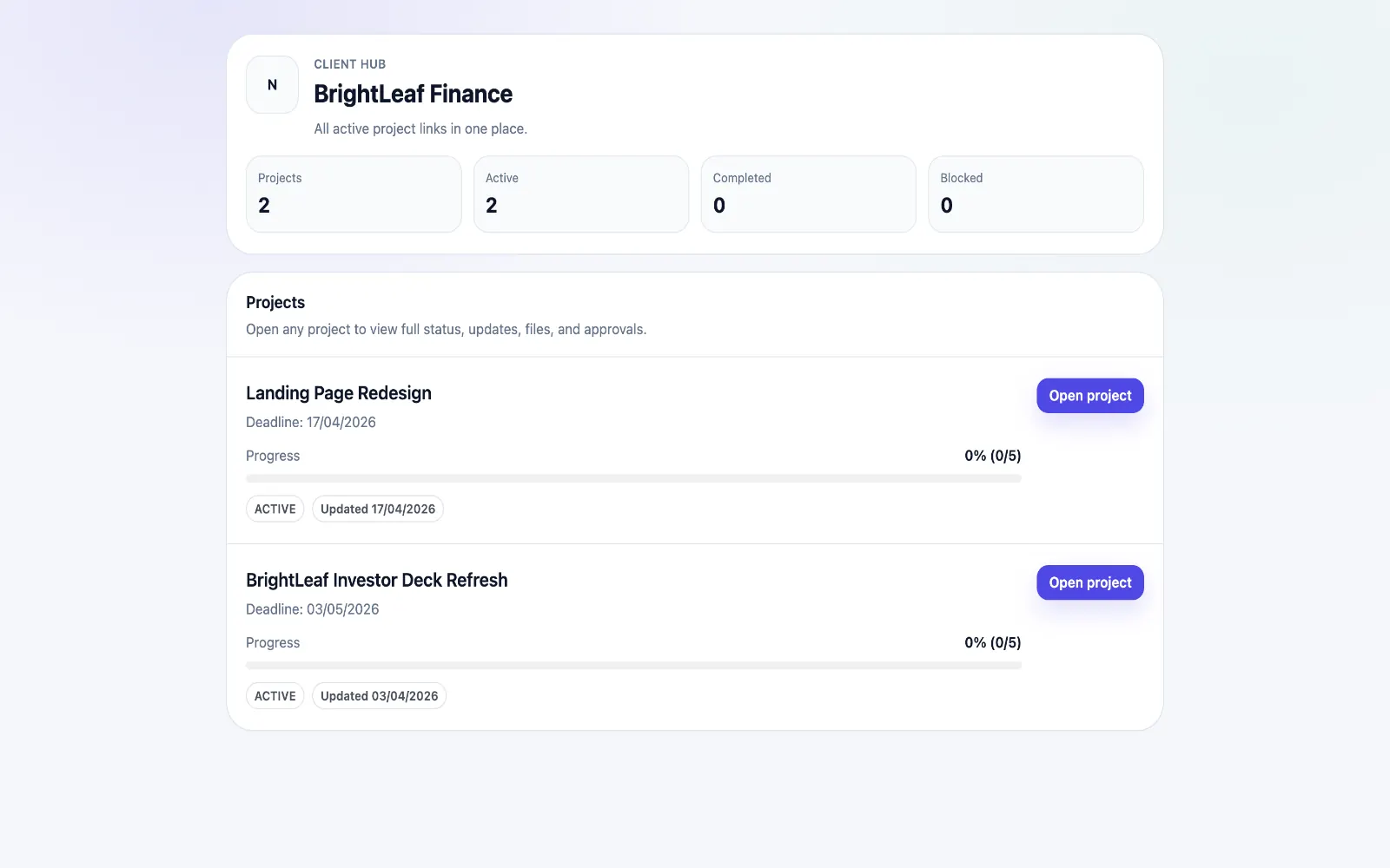ClientProof client hub — no-login project view for clients