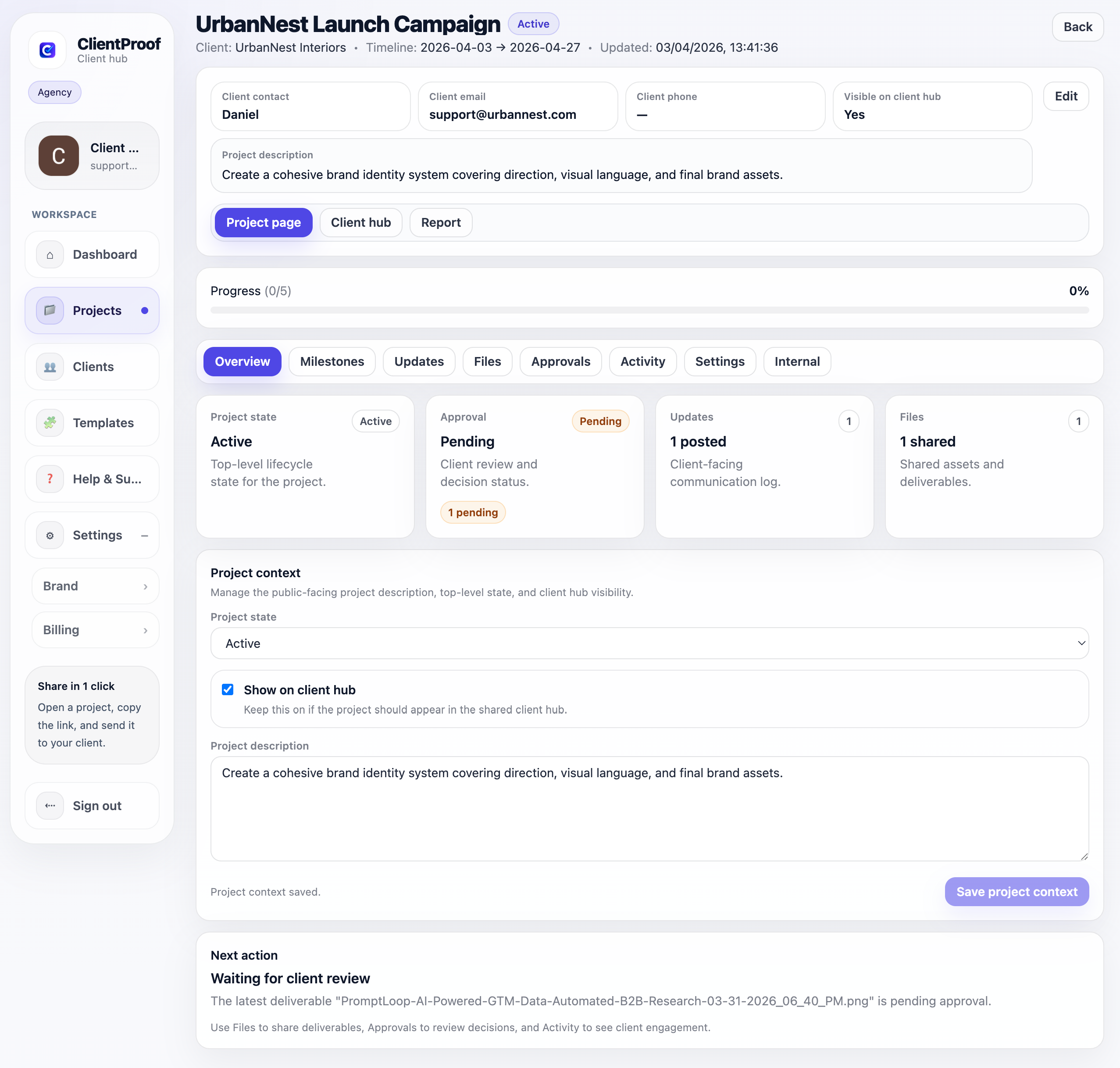 ClientProof project view with milestones and client status updates